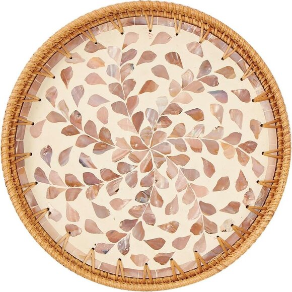 Round Rattan Tray with Mother of Pearl Inlay, Rattan Serving Tray with Wooden Ba - Picture 1 of 6